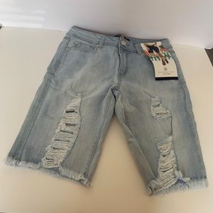 Distressed denim shorts